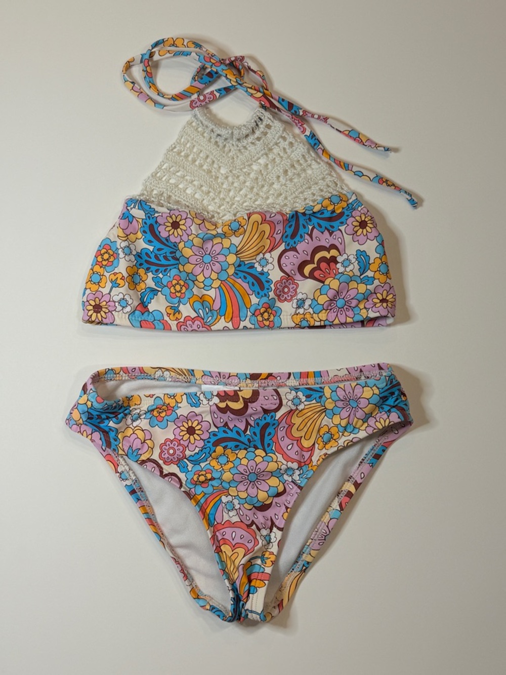 Billabong Girls' Floral Crochet Halter Bikini - Blue, Pink, Yellow